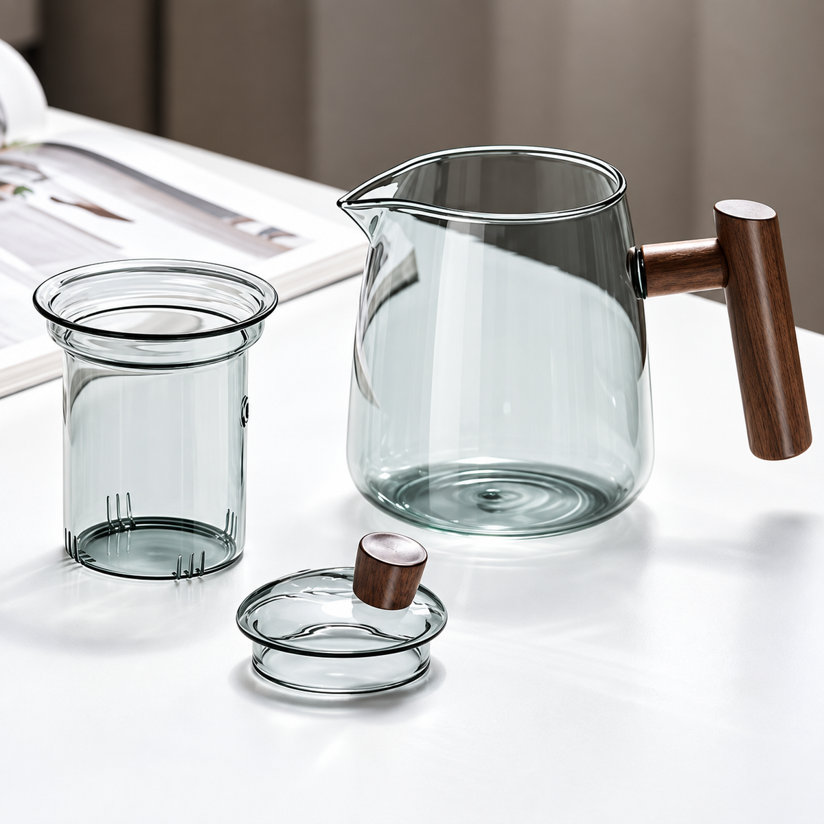 High Borosilicate Glass Teapot with Wooden Handle & Infuser