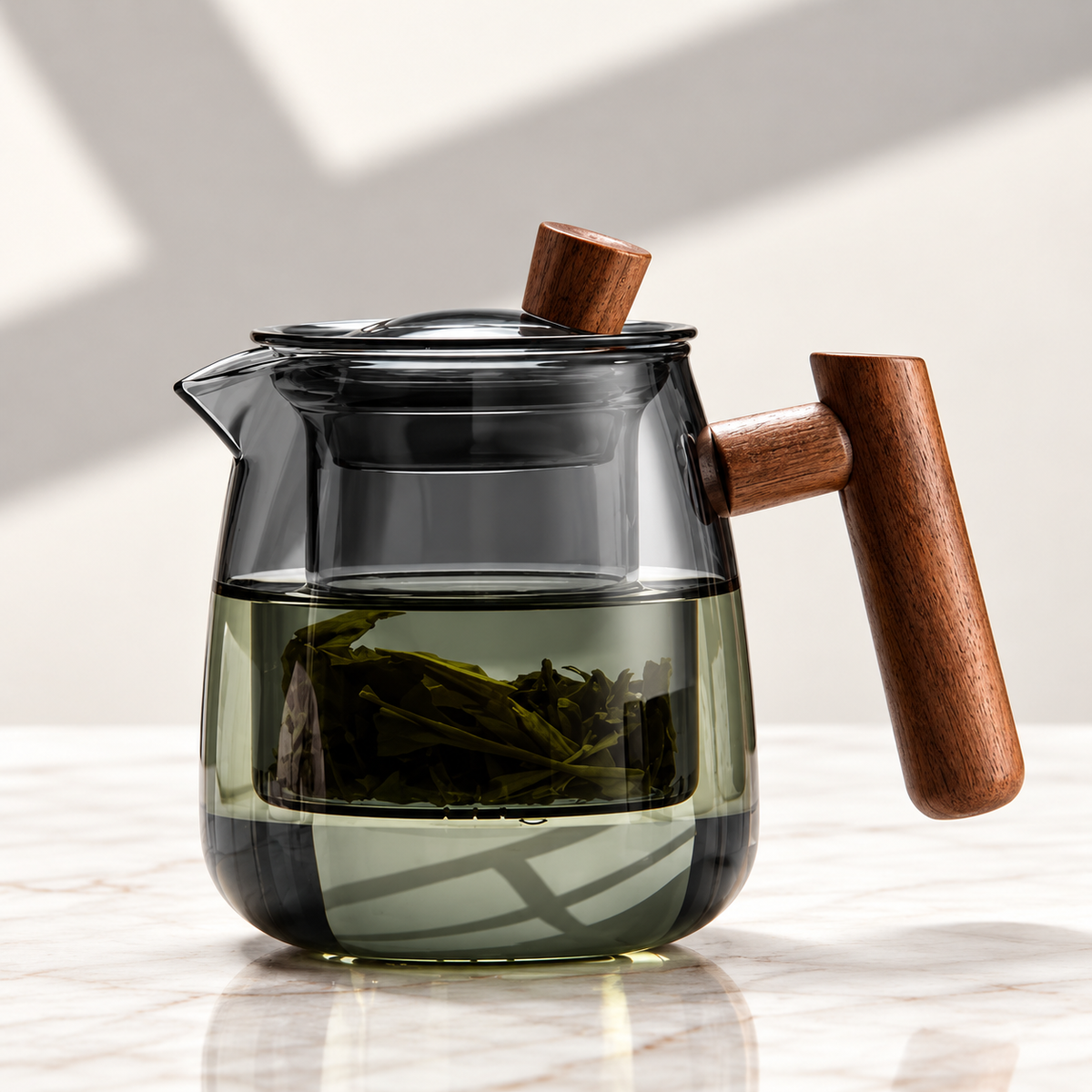 High Borosilicate Glass Teapot with Wooden Handle & Infuser