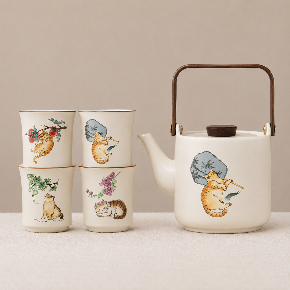 Orange Cat Ceramic Teapot Set with Cups