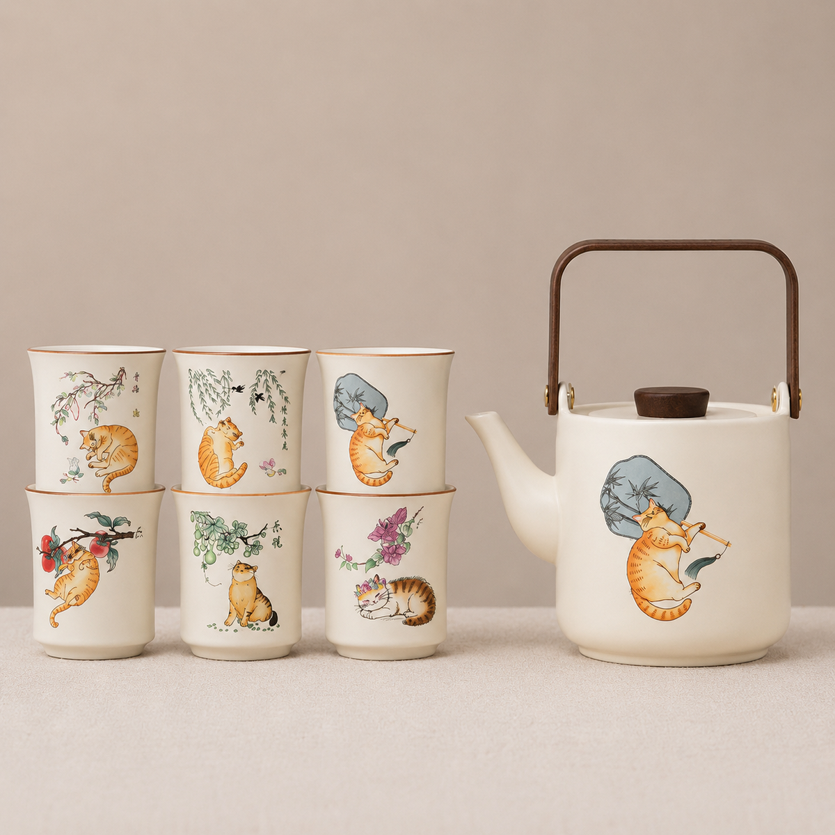 Orange Cat Ceramic Teapot Set with Cups