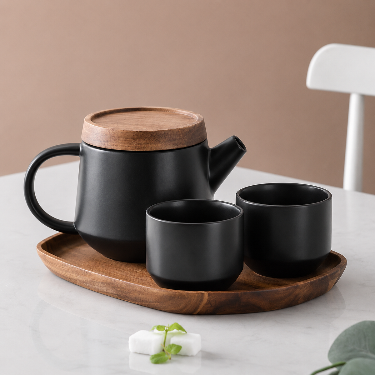 Ceramic Teapot Set with Wooden Lid, Cups & Infuser
