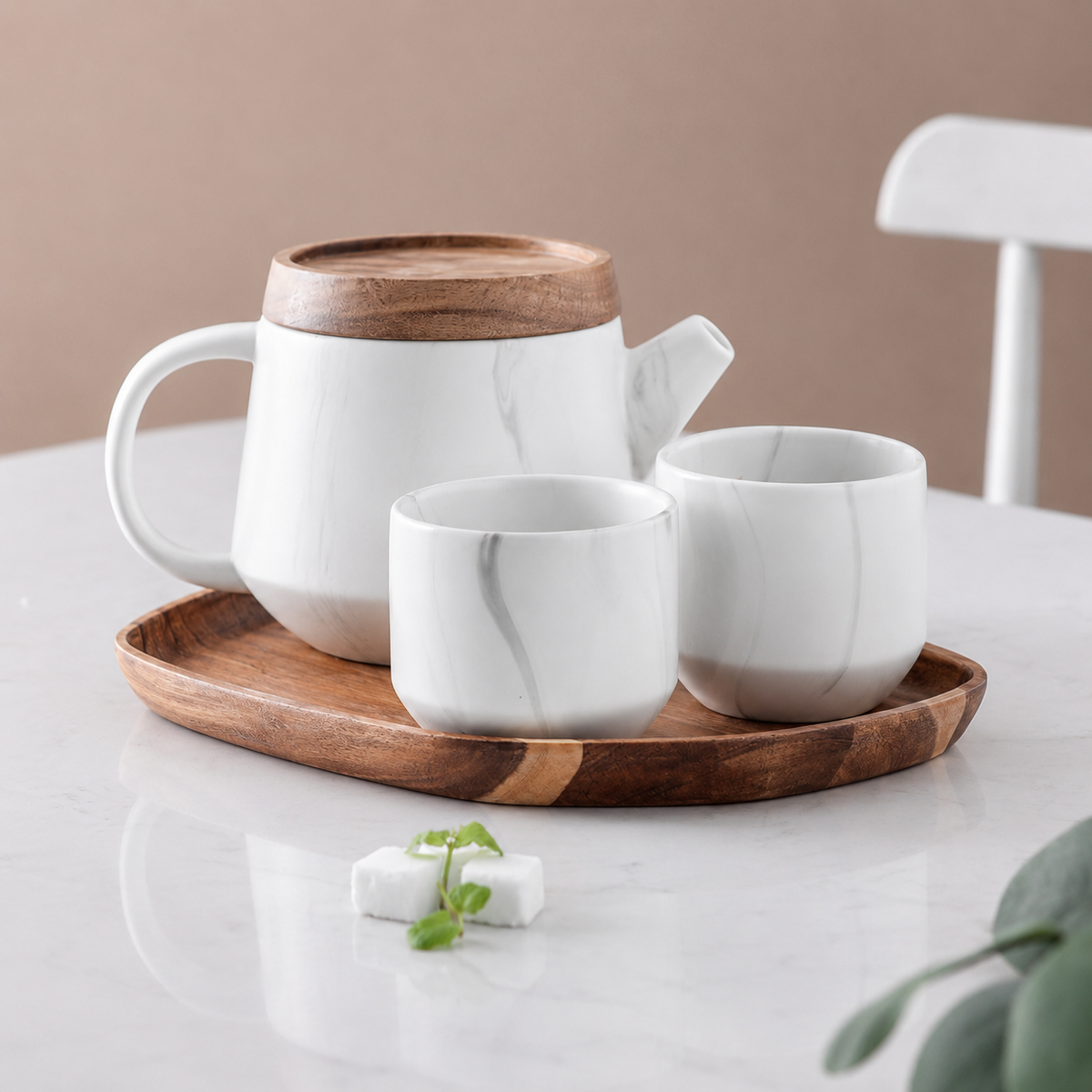 Ceramic Teapot Set with Wooden Lid, Cups & Infuser