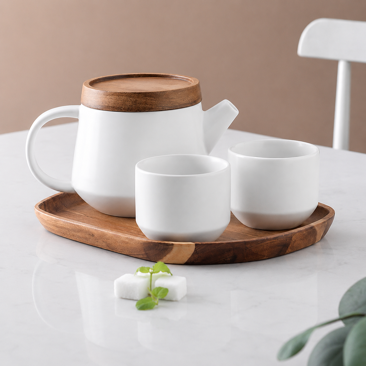 Ceramic Teapot Set with Wooden Lid, Cups & Infuser
