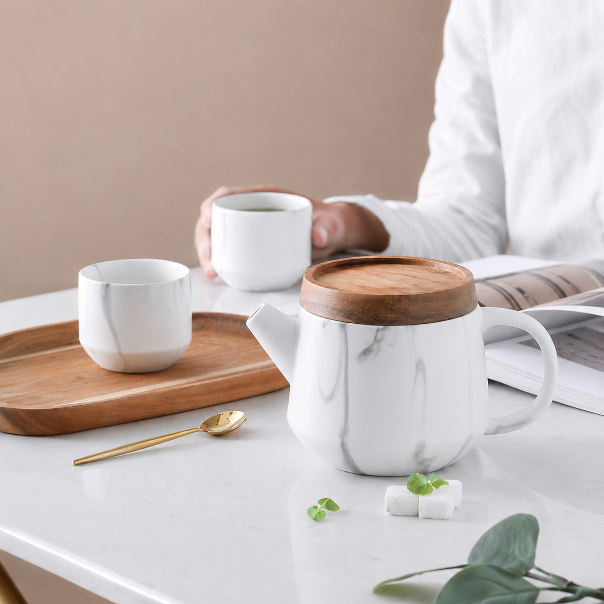 Ceramic Teapot Set with Wooden Lid, Cups & Infuser