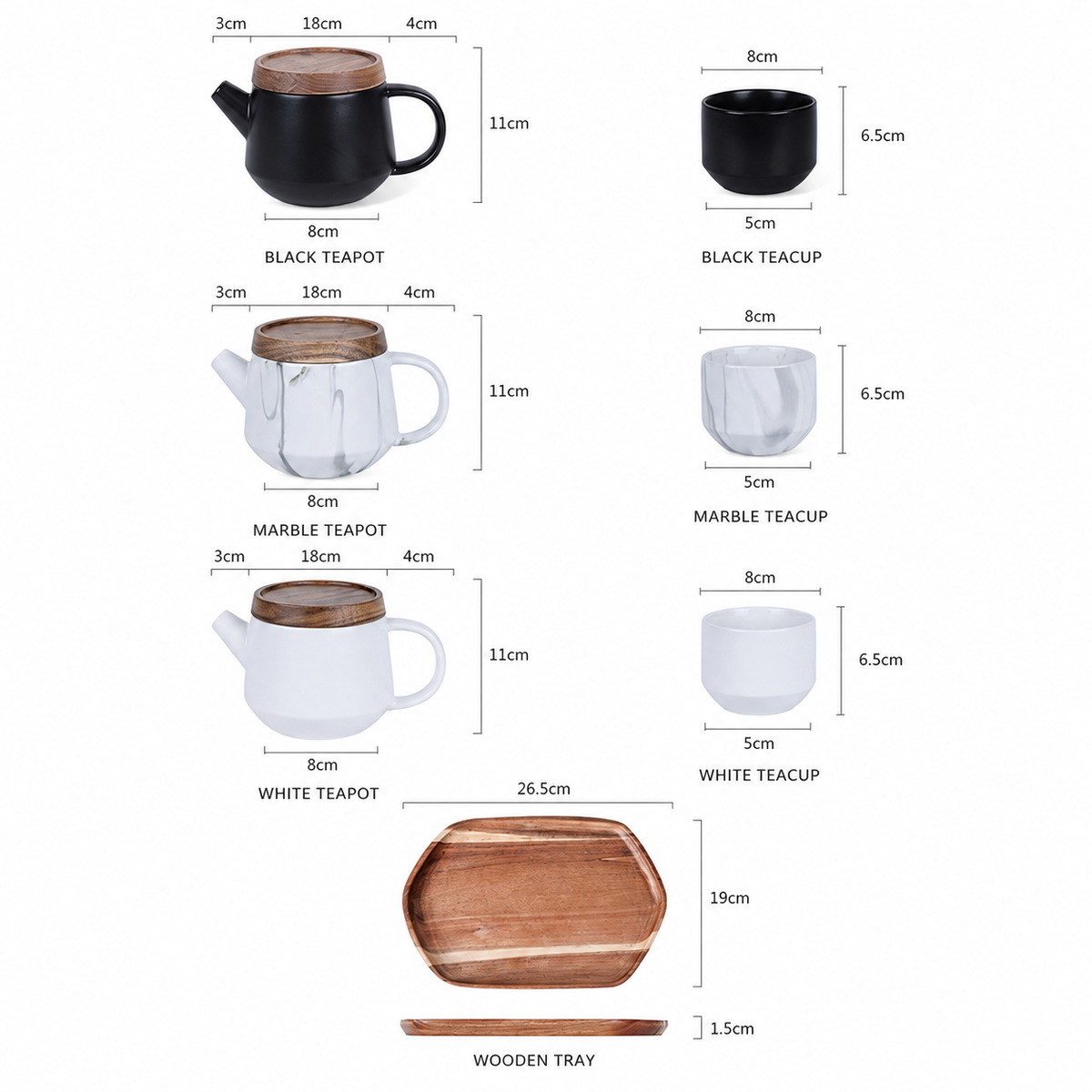 Ceramic Teapot Set with Wooden Lid, Cups & Infuser