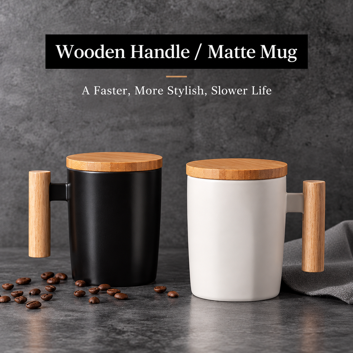 Two matte ceramic mugs with light wood handles and lids are shown on a dark gray surface against a textured gray background. One mug is black and one is white, with coffee beans scattered near the base.