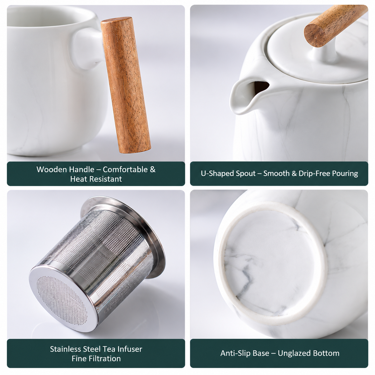 Ceramic Teapot Set with 4 Cups & Wooden Handles