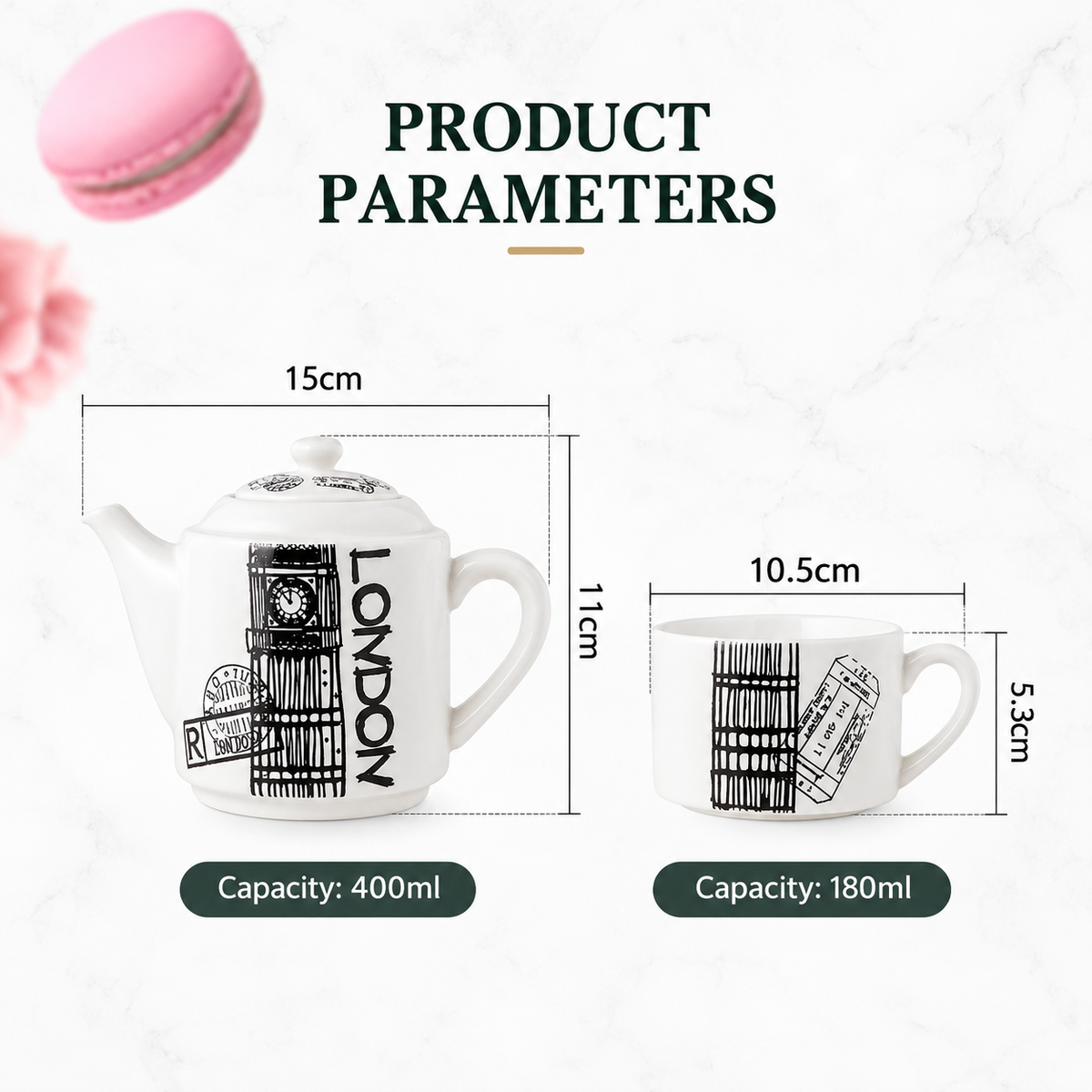 Product parameters diagram showing a white ceramic teapot and matching mug with black London-themed printed design, including dimensions, capacities, and a marble background.