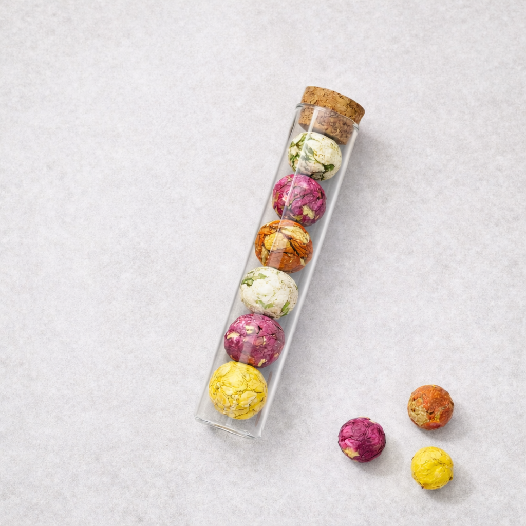 Colorful tea balls in a glass tube on a light gray background