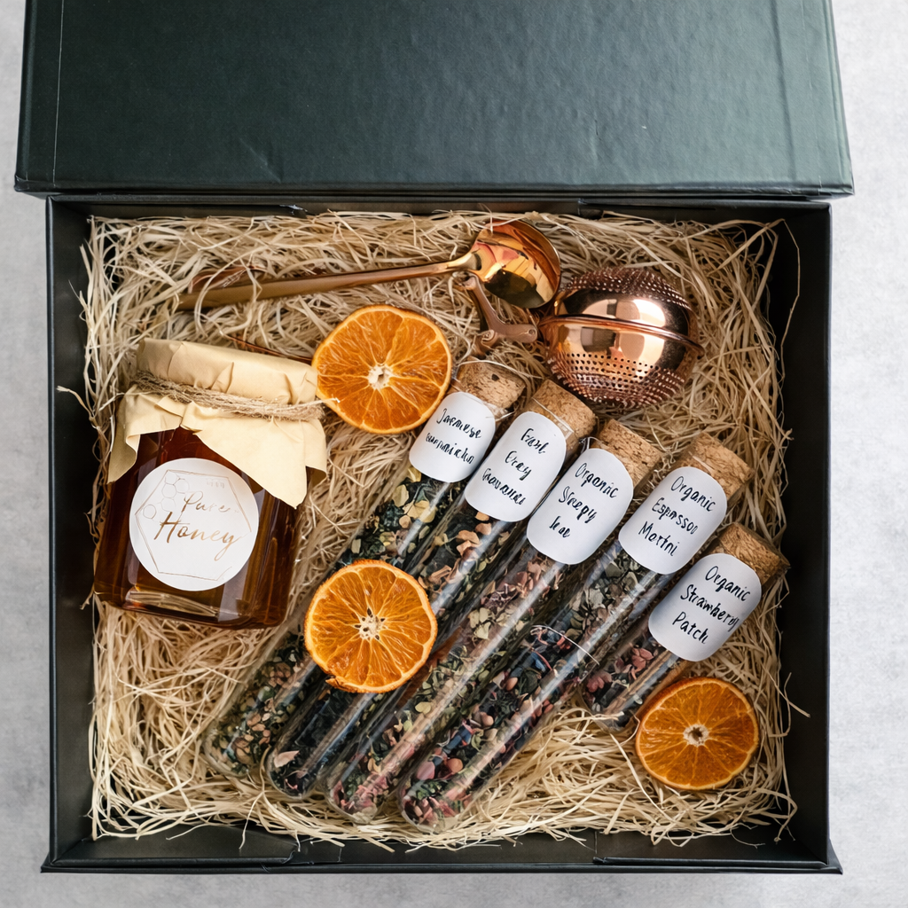 Gift set with honey, oranges, and various sticks in a decorative box.