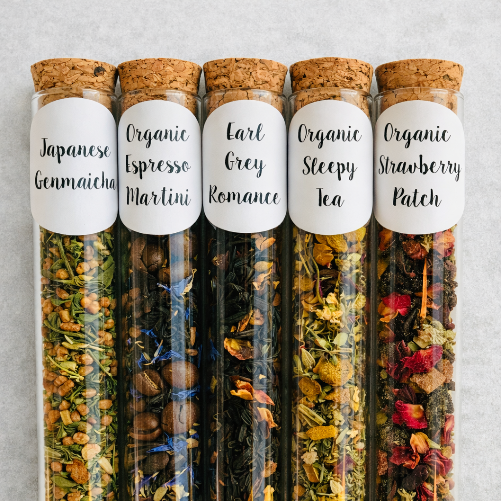 Five glass jars with cork lids containing different types of tea, each labeled with a unique name.