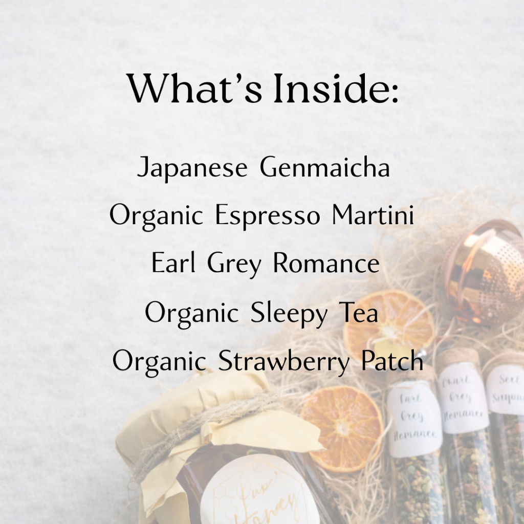 List of tea types with a blurred background featuring tea bottles and packaging.