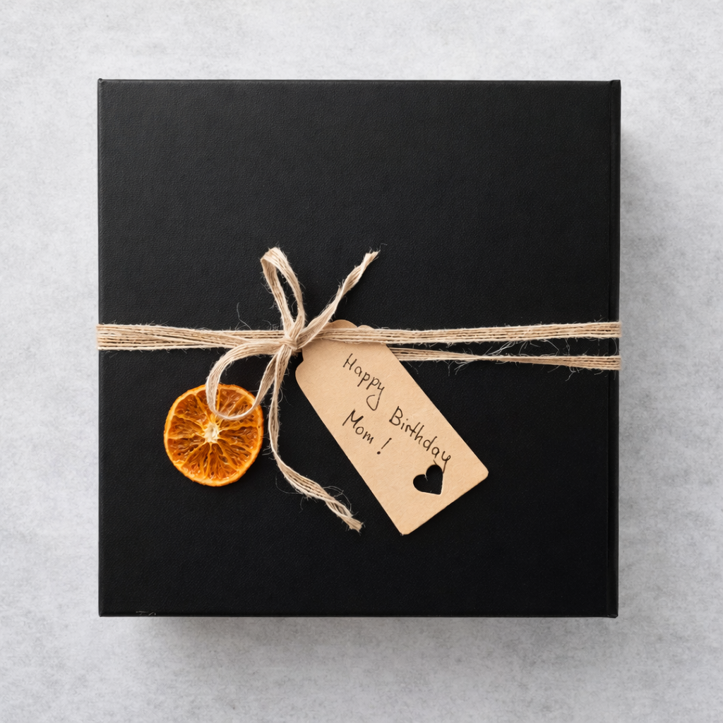 Black gift box with brown string, orange slice, and 'Happy Birthday Mom!' tag on a light gray background