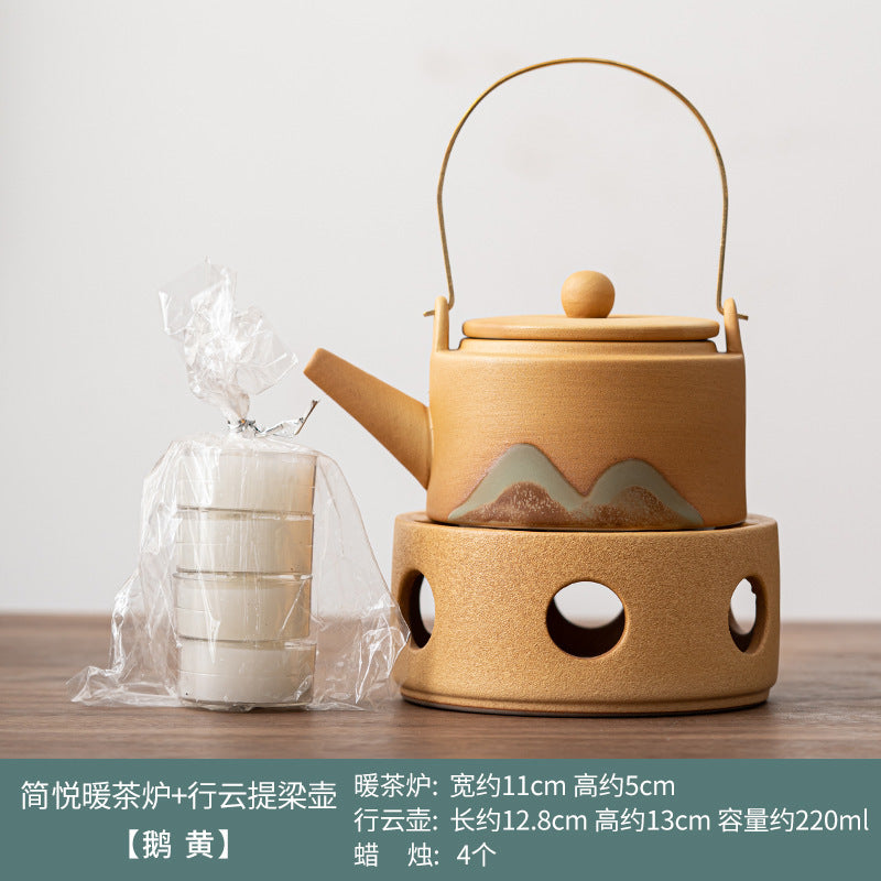 Japanese hand-painted distant mountain warm tea stove set, handmade coarse pottery tea warmer, Kung Fu tea set, candle heating base, insulation