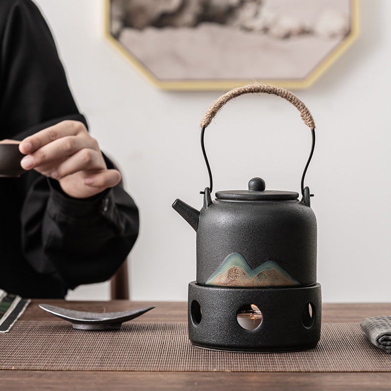 Japanese hand-painted distant mountain warm tea stove set, handmade coarse pottery tea warmer, Kung Fu tea set, candle heating base, insulation