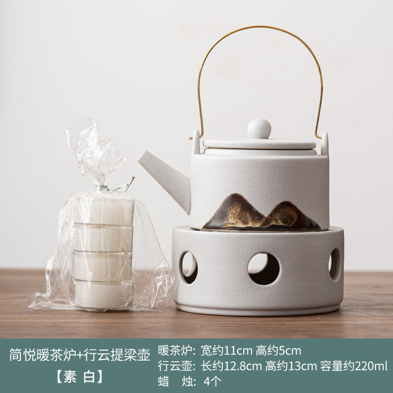 Japanese hand-painted distant mountain warm tea stove set, handmade coarse pottery tea warmer, Kung Fu tea set, candle heating base, insulation