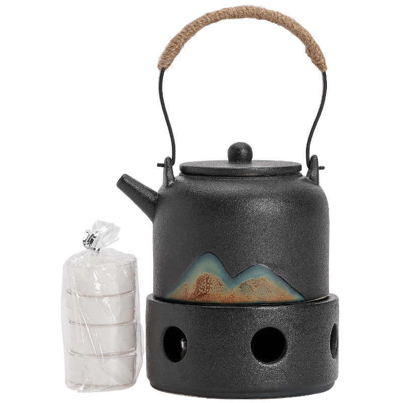 Japanese hand-painted distant mountain warm tea stove set, handmade coarse pottery tea warmer, Kung Fu tea set, candle heating base, insulation