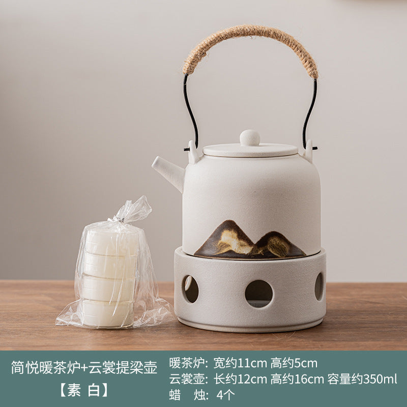 Japanese hand-painted distant mountain warm tea stove set, handmade coarse pottery tea warmer, Kung Fu tea set, candle heating base, insulation