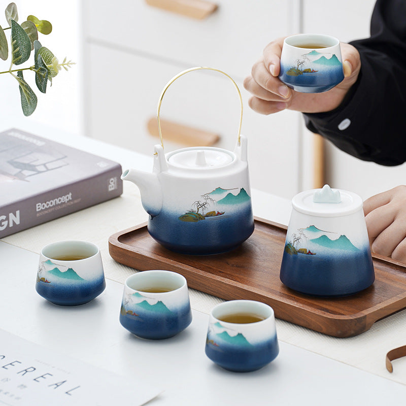 Japanese style landscape far mountain lifting beam pot kung fu tea set one pot four cups of tea can company activity gift tea set