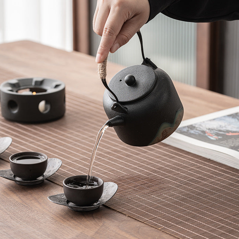 Japanese hand-painted distant mountain warm tea stove set, handmade coarse pottery tea warmer, Kung Fu tea set, candle heating base, insulation