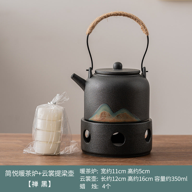 Japanese hand-painted distant mountain warm tea stove set, handmade coarse pottery tea warmer, Kung Fu tea set, candle heating base, insulation