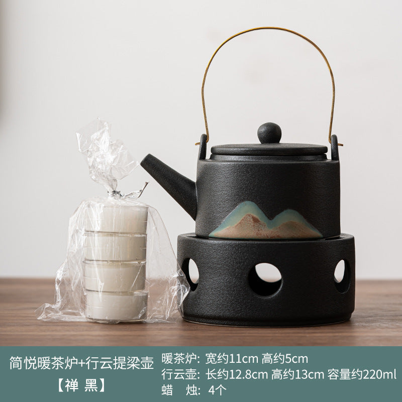 Japanese hand-painted distant mountain warm tea stove set, handmade coarse pottery tea warmer, Kung Fu tea set, candle heating base, insulation