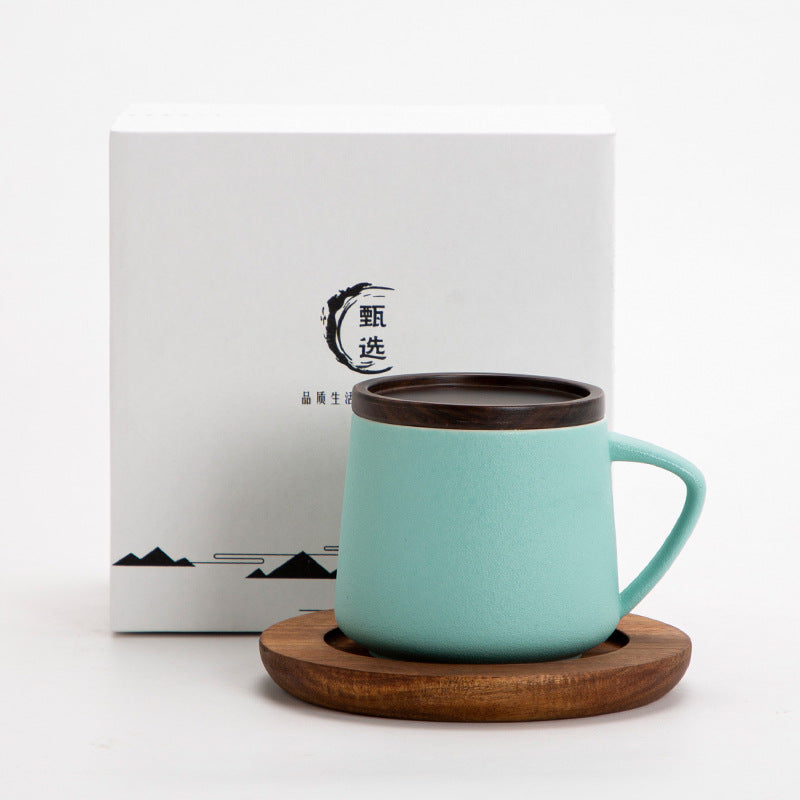 Ceramic Mug with Wooden Lid, Coaster & Gift Box