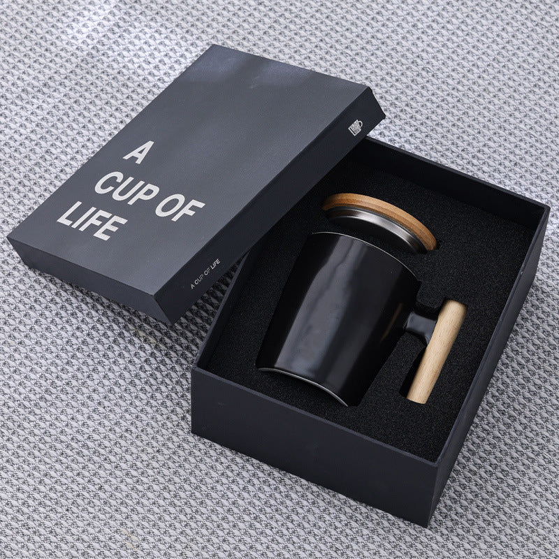 Wooden Handle Ceramic Mug with Bamboo Lid & Gift Box