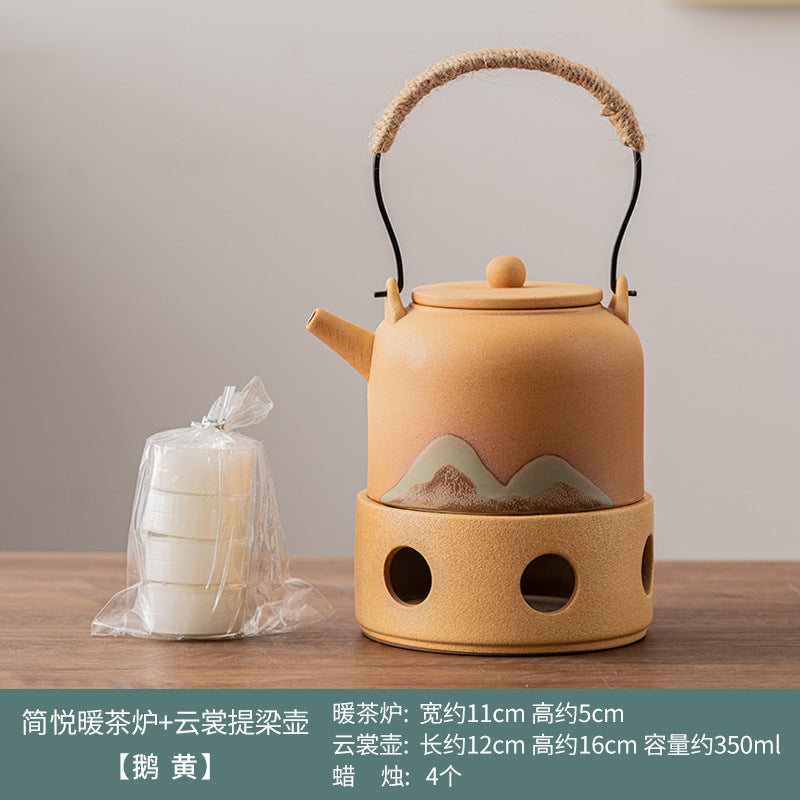 Japanese hand-painted distant mountain warm tea stove set, handmade coarse pottery tea warmer, Kung Fu tea set, candle heating base, insulation