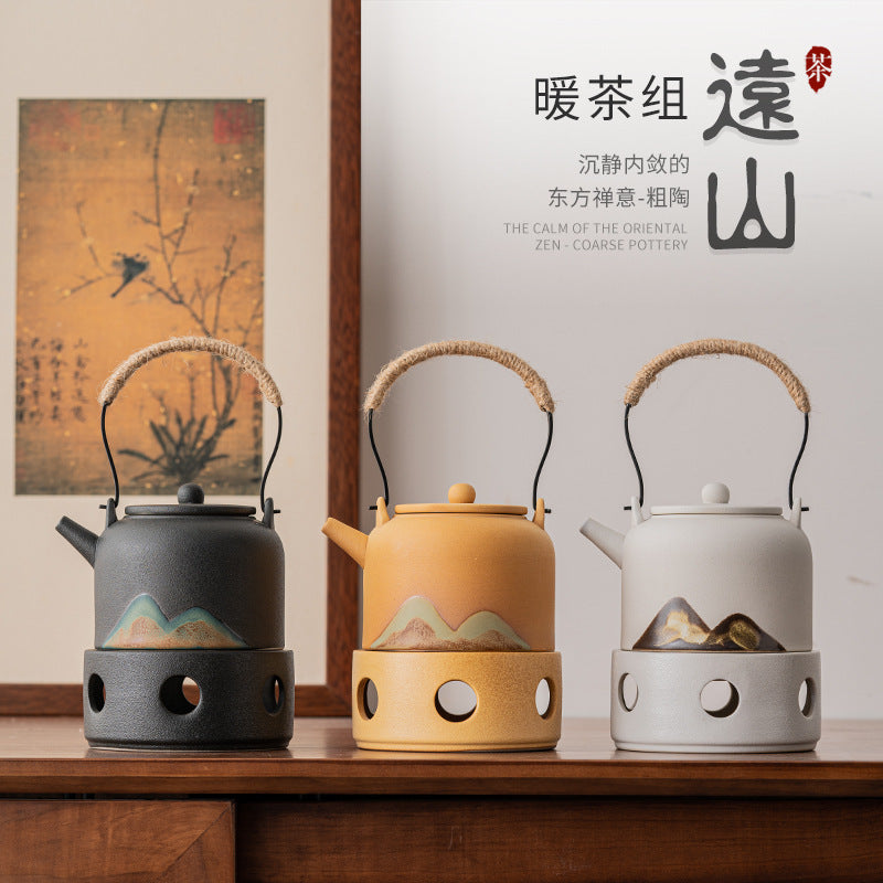 Japanese hand-painted distant mountain warm tea stove set, handmade coarse pottery tea warmer, Kung Fu tea set, candle heating base, insulation