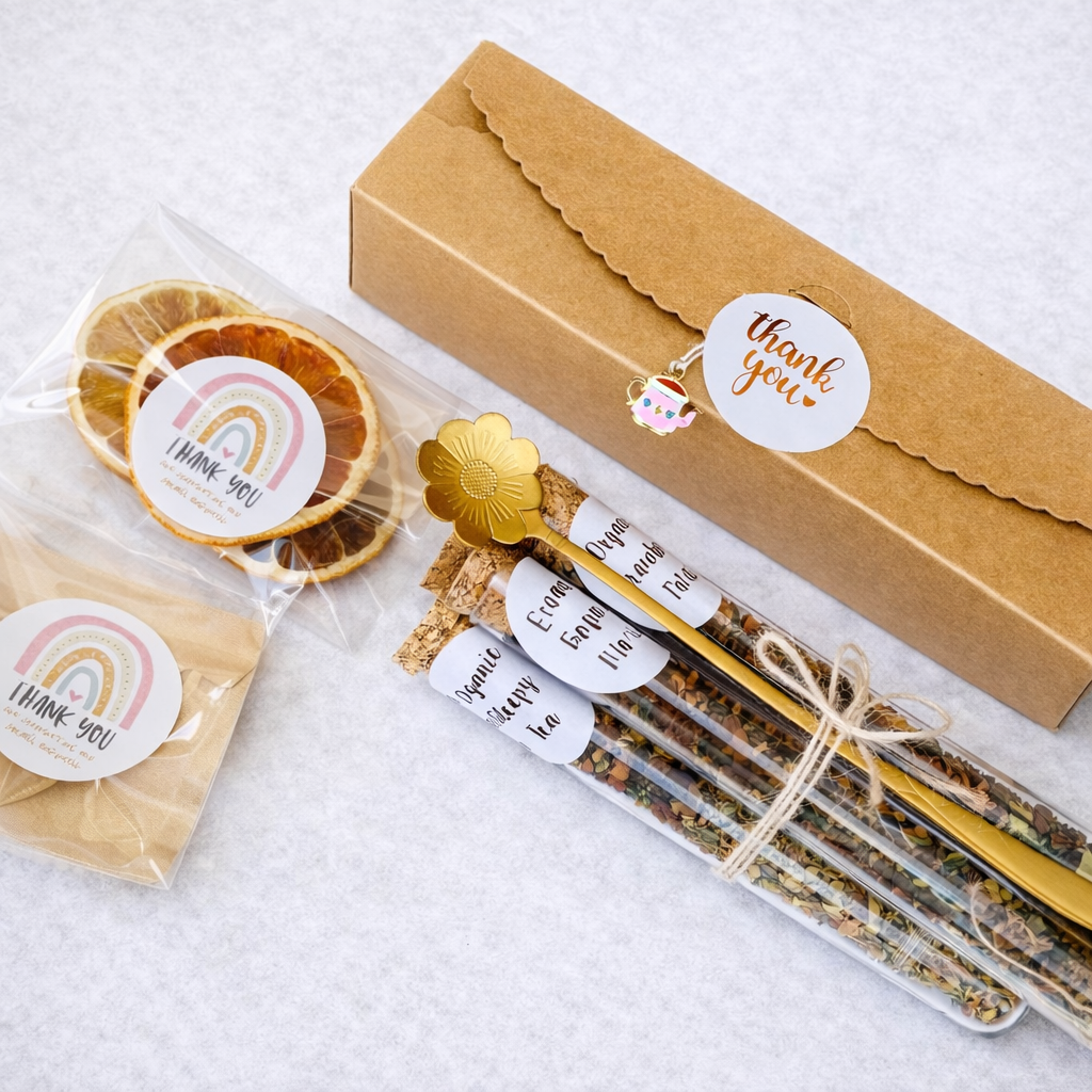 Gift set with tea sticks, tea bags, and decorative elements on a white background