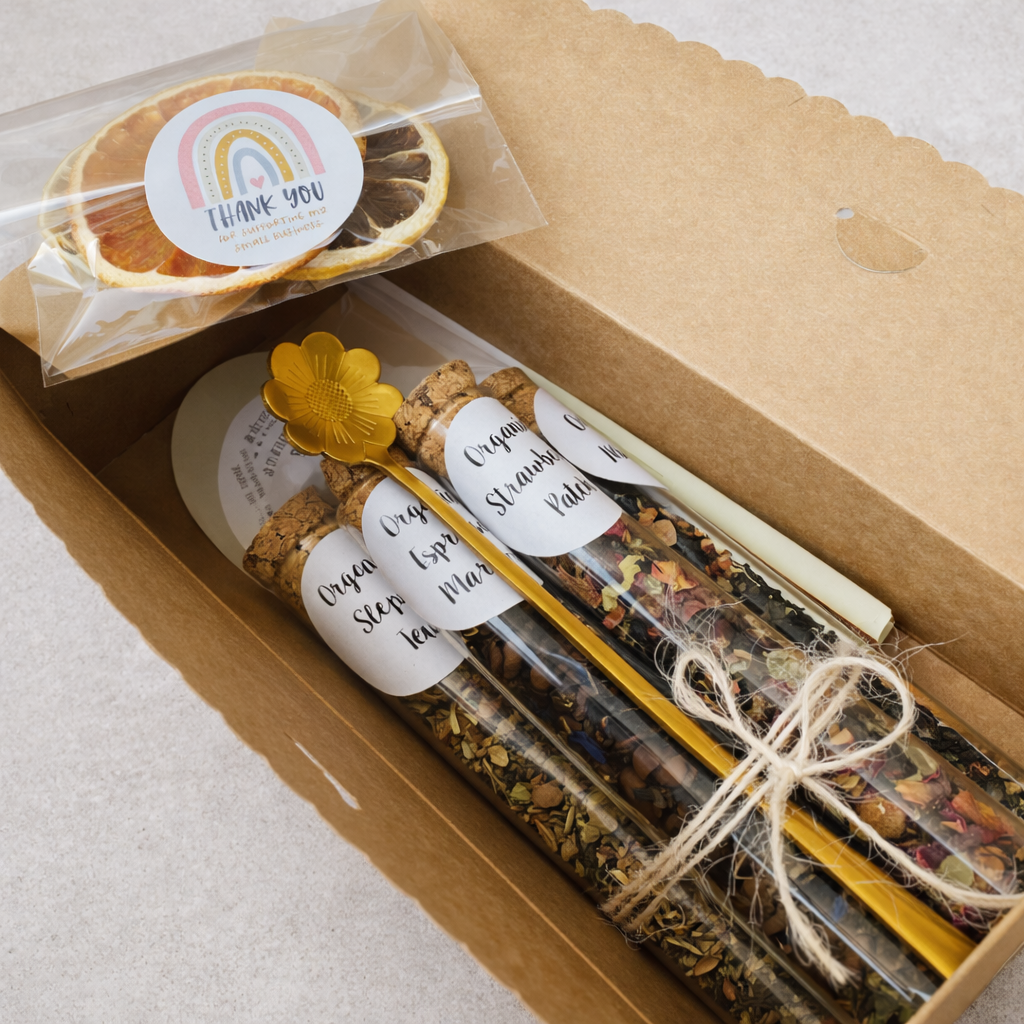 Tea set with floral spoon and packaging in a cardboard box