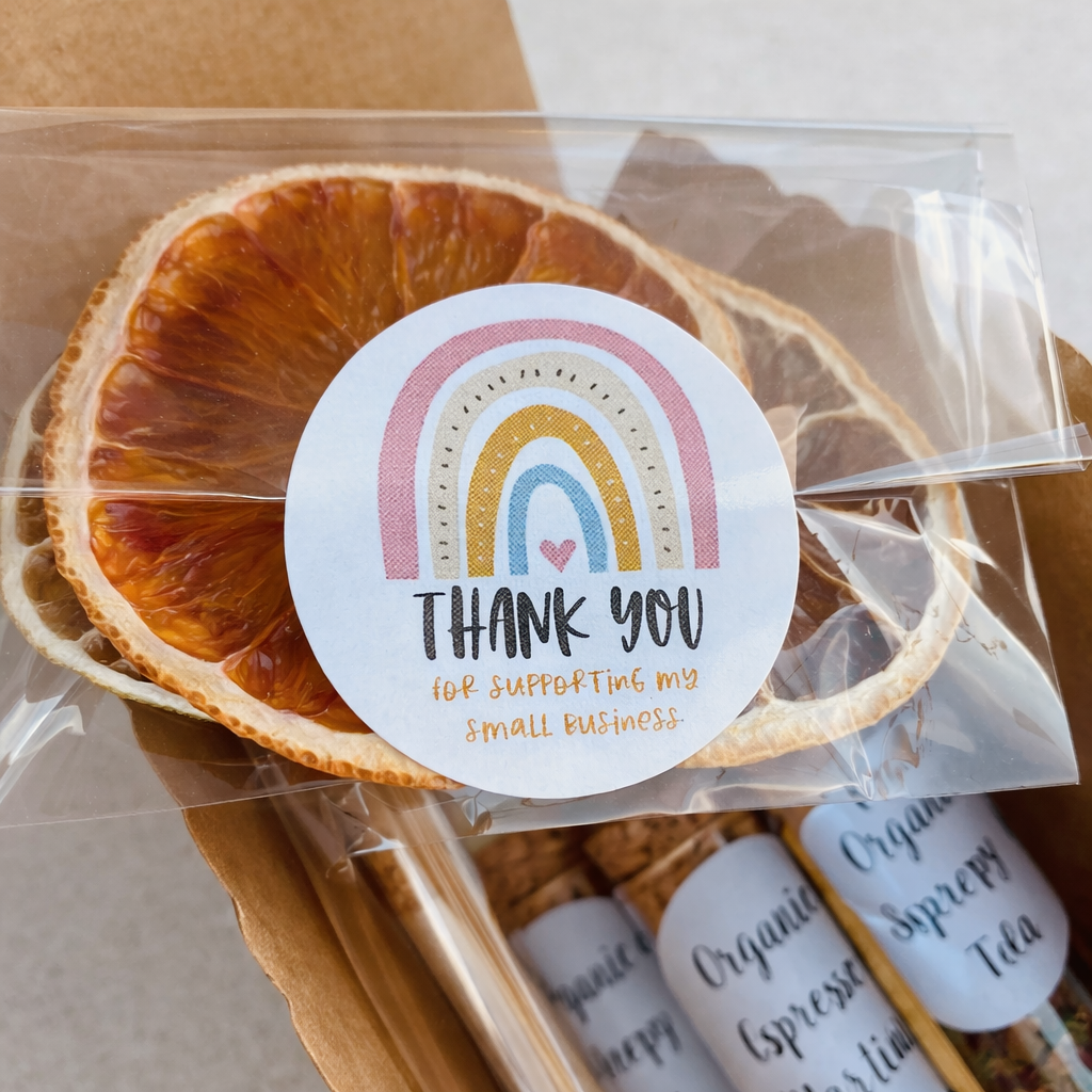 Packaged dried fruit with a 'Thank You' sticker and small business support message.