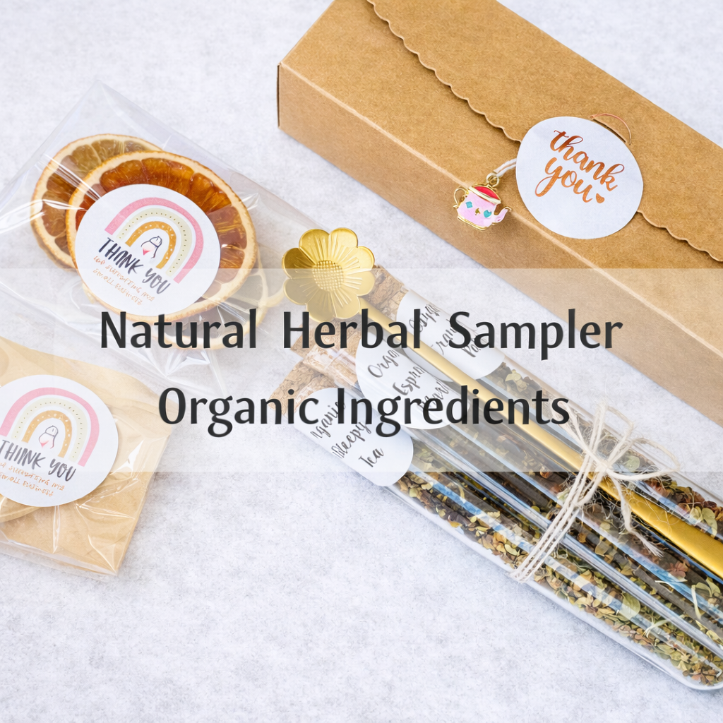 Natural herbal sampler with organic ingredients on a white background