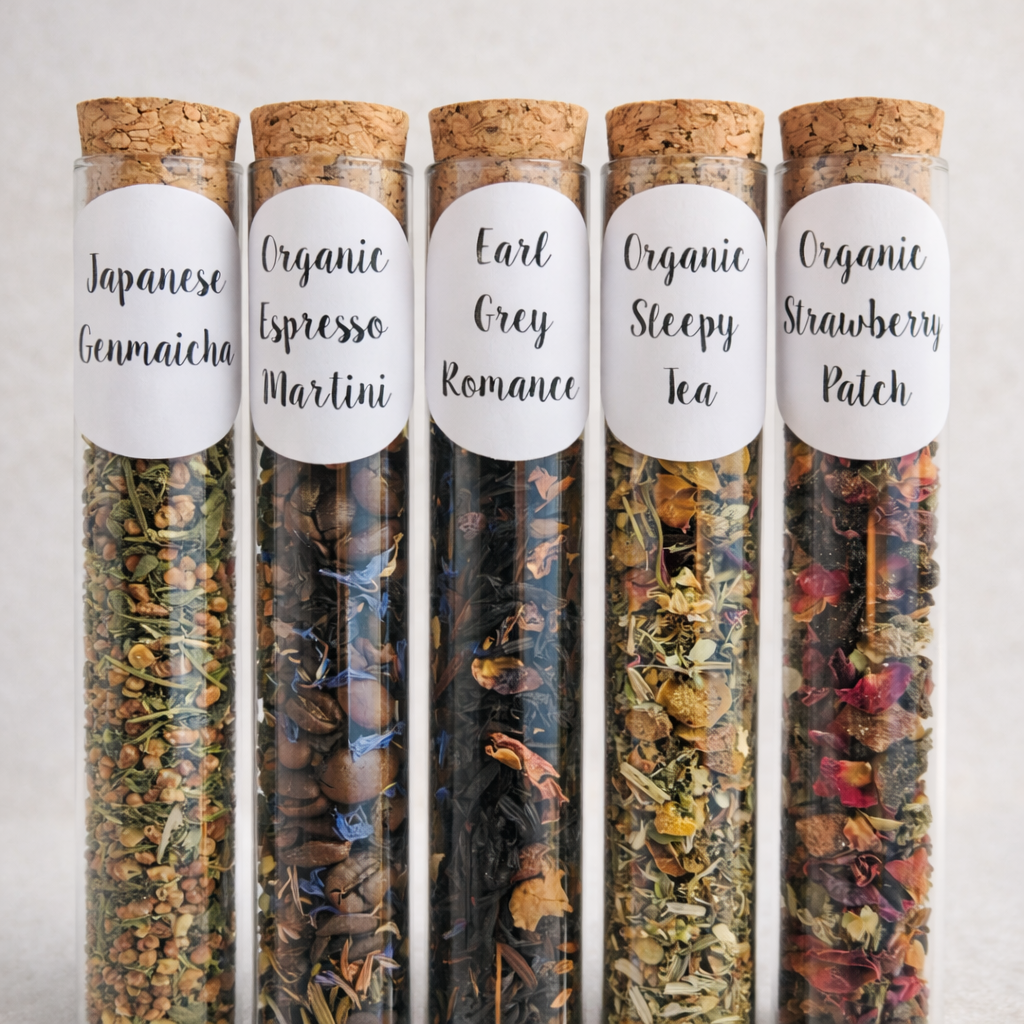 Five glass tubes with cork lids containing different types of tea, each labeled with a unique name.