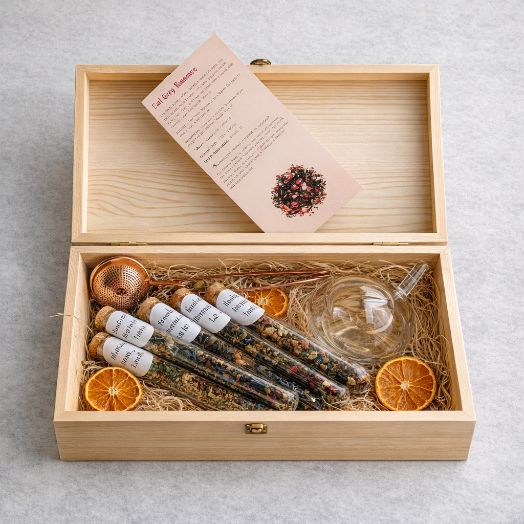 Wooden gift box with tea bags, a glass, and orange slices on a light gray background