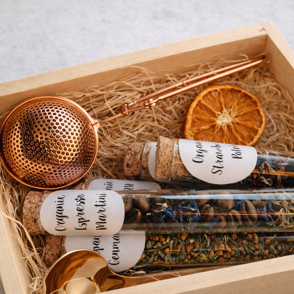Herbal tea set with gold strainer, dried orange slices, and labeled glass tubes in a wooden box.