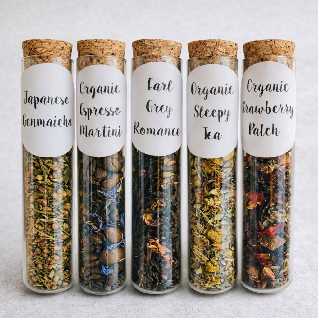 Five glass jars with cork lids containing different types of tea, each labeled with a unique name.